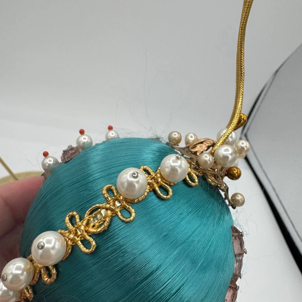 Vintage Teal Satin Beaded Christmas Ornaments Faux Pearl Gold Leaf Set of 2